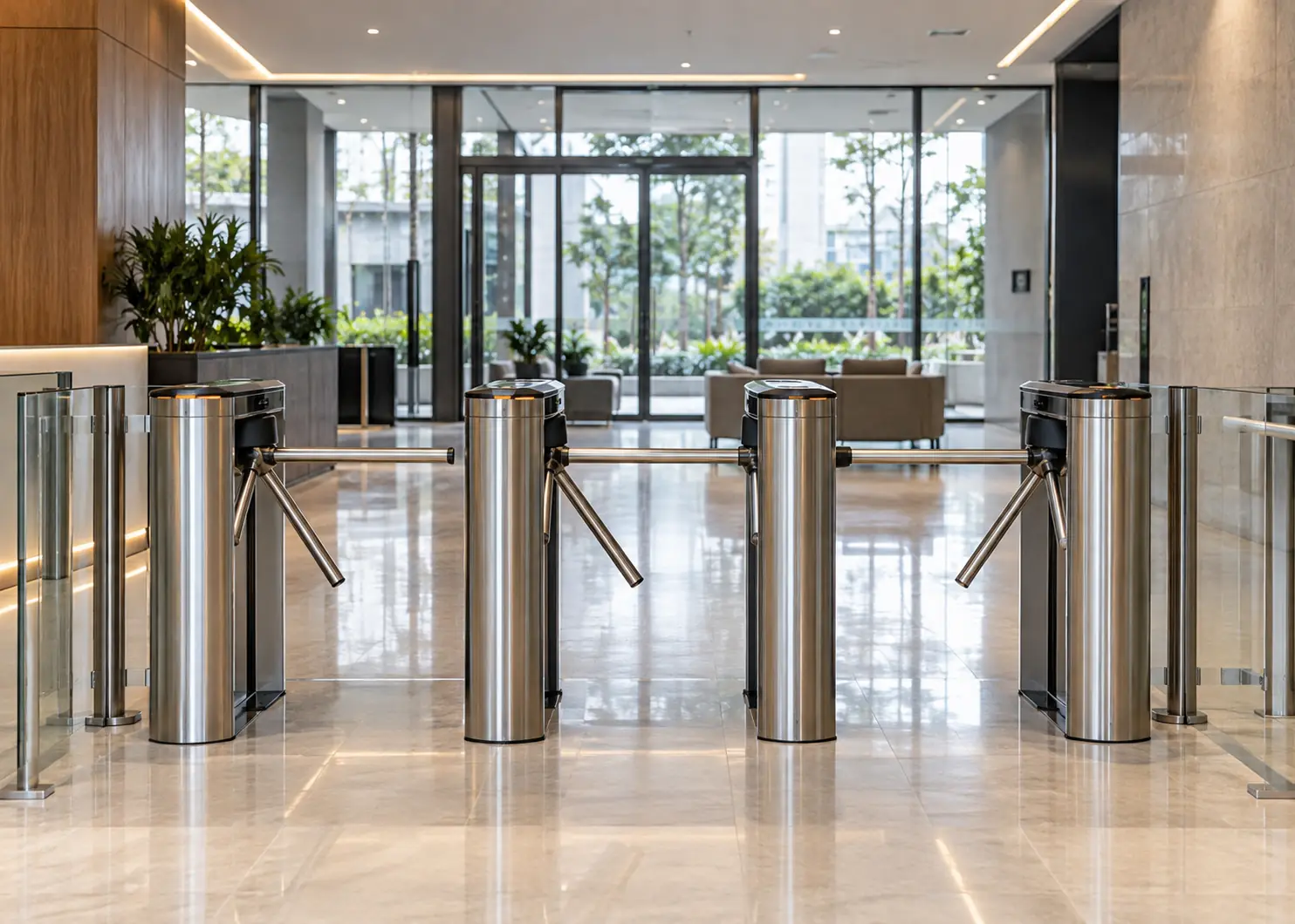 Catracas de aço inox no saguão de entrada de um prédio