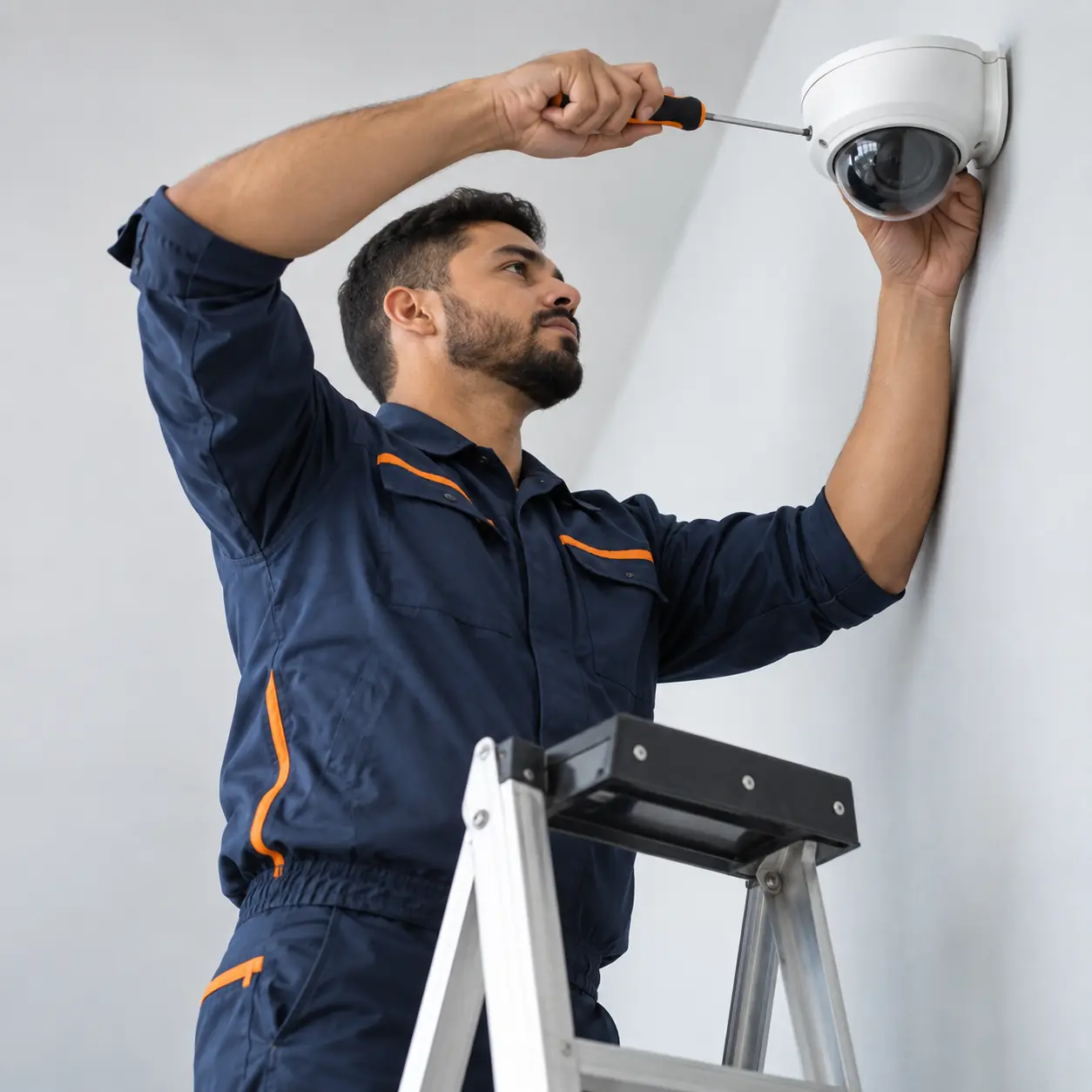 Técnico em escada instalando uma câmera dome na parede
